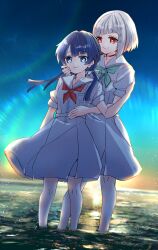 2girls aqua_neckerchief black_choker blue_eyes blue_hair blue_ribbon blue_sky bob_cut choker closed_mouth colored_inner_hair commentary dark_blue_hair diagonal_bangs dollchestra dress english_commentary full_body grey_hair hair_ornament hair_ribbon hand_on_another&#039;s_arm hand_on_another&#039;s_cheek hand_on_another&#039;s_face hasu_no_sora_school_uniform highres inverted_bob kanduki_kamibukuro lens_flare link!_like!_love_live! long_hair looking_at_another looking_at_viewer love_live! low_twintails medium_dress mole mole_on_neck multicolored_hair multiple_girls murano_sayaka neckerchief o-ring o-ring_choker pleated_dress red_eyes red_hair red_neckerchief ribbon sailor_collar sailor_dress school_uniform short_hair short_sleeves sky smile split_mouth standing star_(symbol) star_hair_ornament streaked_hair summer_uniform sunrise twintails virtual_youtuber wading white_dress white_sailor_collar yugiri_tsuzuri yuri