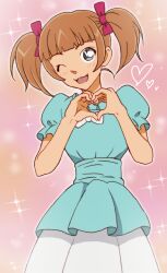 1girl ;d blue_dress blunt_bangs blush bow bowtie brown_hair cowboy_shot dress grey_eyes hair_bow head_tilt heart heart_hands lone_nape_hair looking_at_viewer meitantei_conan nakai_funako one_eye_closed onomekaman open_mouth pink_background red_bow short_sleeves smile solo sparkle standing twintails white_bow white_bowtie