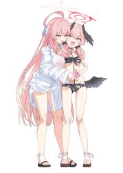 2girls absurdres bikini black_bikini black_bow black_wings blue_archive blush bow braid breasts feathered_wings floral_print floral_print_bikini hair_bow halo hanako_(blue_archive) hanako_(swimsuit)_(blue_archive) head_wings highres koharu_(blue_archive) koharu_(swimsuit)_(blue_archive) large_breasts long_hair multiple_girls navel official_alternate_costume open_mouth pink_bikini pink_eyes pink_hair sandals seero shirt simple_background small_breasts stomach sweat swimsuit twintails white_shirt wings