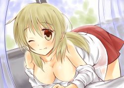1girl bad_id bad_pixiv_id bare_shoulders bent_over blonde_hair blush breast_slip breasts brown_eyes curtains dan_ball dan_ball_(4718) female_focus grin hidamari_sketch large_breasts long_hair miyako_(hidamari_sketch) nipples one_breast_out one_eye_closed open_clothes open_shirt school_uniform see-through_clothes shirt shirt_slip skirt smile solo window wink
