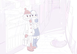 2girls bag beanie bemani blue_eyes blue_mittens coat earmuffs full_body hat holding holding_bag long_hair long_sleeves mittens multiple_girls open_mouth pleated_skirt pom_pom_(clothes) pom_pom_beanie pop&#039;n_music red_eyes red_mittens rie-chan sanae-chan scarf sgwyi shop sketch skirt spot_color winter_clothes