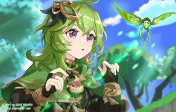 1girl black_dress black_gloves blush breasts capelet collei_(genshin_impact) crystalfly_(genshin_impact) dress fingerless_gloves genshin_impact gloves green_capelet green_hair hair_between_eyes hair_ornament highres jewelry long_hair long_sleeves looking_at_viewer medium_breasts okkobc open_mouth purple_eyes solo