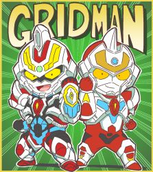 Rule 34 | 10s, 1boy, border, character name, chibi, clenched hands, colored sclera, colored skin, crossover, denkou choujin gridman, green background, gridman (character), gridman (ssss), gridman universe, helmet, highres, male focus, mitani kokuchi, open mouth, outline, smile, ssss.gridman, symmetry, white outline, white skin, yellow border, yellow sclera