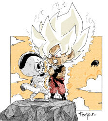 Rule 34 | absurdres, alien, aura, black shirt, blonde hair, chibi, clenched teeth, colored skin, dragon ball, dragonball z, fenyon, final form frieza, frieza, full body, highres, holding another&#039;s wrist, medium hair, muscular, muscular male, orange pants, pants, piccolo, red eyes, shirt, son gohan, son goku, spiked hair, super saiyan, super saiyan 1, teeth, white skin