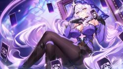 1girl absurdres black_gloves black_pantyhose black_swan_(honkai:_star_rail) breasts card cleavage closed_mouth commentary crossed_legs detached_sleeves dress floating_hair gloves hair_between_eyes highres holding holding_card honkai:_star_rail honkai_(series) long_hair long_sleeves looking_at_viewer pantyhose ppeach purple_dress purple_hair purple_veil sitting smile solo thigh_strap veil very_long_hair