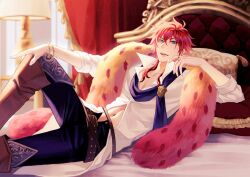 1boy belt black_pants blue_eyes boots collarbone commentary curtains dame_x_prince feather_boa feet_out_of_frame highres jewelry joxxy_a3 lamp long_hair long_sleeves looking_at_viewer male_focus narek_ischl_de_milidonia open_fly pants pectoral_cleavage pectorals pillow reclining red_hair ring solo studded_belt symbol-only_commentary tassel window
