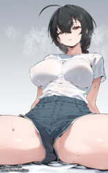 1girl ahoge black_hair breasts brown_eyes covered_erect_nipples highres jjune large_breasts long_hair looking_at_viewer original parted_lips shorts sitting solo spread_legs sweat