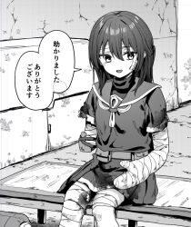 1girl :d amputee bandaged_arm bandaged_hand bandaged_head bandaged_leg bandages blood blood_on_clothes commentary_request greyscale hair_between_eyes long_hair monochrome open_mouth original piripun pleated_skirt sailor_collar school_uniform serafuku shirt sitting skirt smile solo translation_request