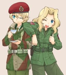 10s 2girls ;d american_flag beige_background belt beret blouse braid british_army brown_shirt camouflage camouflage_background closed_mouth collared_shirt commentary_request cup darjeeling_(girls_und_panzer) dress_shirt emblem girls_und_panzer green_jacket green_neckwear green_pants green_shirt harness hat holding holding_cup holding_saucer jacket kay_(girls_und_panzer) long_hair looking_at_viewer military military_fatigues military_uniform multiple_girls necktie one_eye_closed open_mouth pants paratrooper red_hat saucer shirt short_hair simple_background smile standing teacup thumbs_up united_states_army uona_telepin utility_belt wing_collar