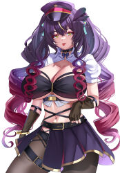1girl :p absurdres alternate_costume alternate_hairstyle black_choker black_gloves black_panties black_pantyhose blonde_hair bow bow_choker breasts choker cleavage commentary crossed_bangs drill_hair english_commentary feather_hair_ornament feathers fingerless_gloves gloves gradient_hair hair_between_eyes hair_ornament hat highres huge_breasts karma3009 long_hair lua_asuka multicolored_hair panties pantyhose production_kawaii puffy_short_sleeves puffy_sleeves purple_hair purple_hat purple_skirt second-party_source short_sleeves shrug_(clothing) simple_background skirt solo streaked_hair tongue tongue_out twin_drills underwear virtual_youtuber white_background white_shrug yellow_eyes