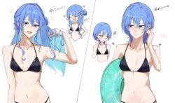 Rule 34 | 1girl, :d, absurdres, averting eyes, bikini, black bikini, blue eyes, blue hair, blush, breasts, closed eyes, closed mouth, collarbone, hair bun, highres, holding, holding swim ring, hololive, hoshimachi suisei, innertube, long hair, looking at viewer, multiple views, navel, official alternate hairstyle, open mouth, simple background, single hair bun, small breasts, smile, sparkle, stomach, swim ring, swimsuit, v-shaped eyebrows, very long hair, virgo76612871, virtual youtuber