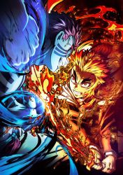 2boys akaza_(kimetsu_no_yaiba) cleaned highres key_visual kimetsu_no_yaiba male_focus multiple_boys official_art promotional_art rengoku_kyoujurou tagme textless_version