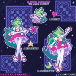 artist_name ascot bow breasts character_name chibi chibi_inset comet_summoner98 crescent_moon dress english_text flower green_eyes green_hair kazami_yuuka kazami_yuuka_(pc-98) long_hair long_sleeves looking_at_viewer moon pantyhose pixel_art plaid_clothes plaid_skirt plaid_vest red_shoes shirt shoes skirt smile star_(symbol) touhou touhou_(pc-98) umbrella vest white_pantyhose