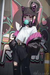 1girl animal_ear_headwear animal_ears baseball_cap black_hair black_hat black_jacket black_pants blue_archive cat_ears chewing_gum colored_inner_hair commentary_request earclip fake_animal_ears feet_out_of_frame graffiti halo hands_in_pockets hat headphones headphones_around_neck highres jacket jewelry kazusa_(blue_archive) kis_sako looking_at_viewer medium_hair multicolored_hair necklace off_shoulder open_clothes open_jacket pants pink_eyes pink_hair pink_halo shirt solo t-shirt torn_clothes torn_pants twitter_username watermark white_shirt