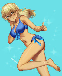 1girl aona_(anagasaki) artist_name barefoot bikini blonde_hair blue_background blue_bikini breasts closed_mouth commentary dark-skinned_female dark_skin foot_out_of_frame hand_on_own_cheek hand_on_own_face higa_kana highres large_breasts long_hair looking_at_viewer low-tied_long_hair navel okinawa_de_suki_ni_natta_ko_ga_hougen_sugite_tsurasugiru solo sparkle_background stomach swimsuit tan twitter_username yellow_eyes