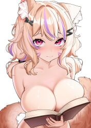 1girl absurdres animal_ear_fluff animal_ears blonde_hair blush boobs_in_book_(meme) book breasts cat_ears cat_girl cat_tail cleavage closed_mouth commentary english_commentary facial_mark highres indie_virtual_youtuber long_hair looking_at_viewer medium_breasts meme multicolored_hair nude open_book purple_hair rainenleaf red_eyes second-party_source shyrei_faolan solo streaked_hair tail two-tone_hair virtual_youtuber whisker_markings white_background
