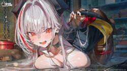 1girl admiral_zenker_(azur_lane) admiral_zenker_(fun_with...interrogations?)_(azur_lane) all_fours armband arms_behind_back azur_lane betabeet black_choker black_horns black_jacket blush bound bound_legs bound_wrists breast_press breasts brown_pantyhose chain choker cleavage commentary cuffs english_commentary full_body furrowed_brow grey_hair hair_between_eyes hair_intakes handcuffs highres horns jacket large_breasts logo long_hair looking_at_viewer multicolored_hair no_shoes official_alternate_costume official_art open_clothes open_jacket open_mouth pantyhose red_eyes red_hair restrained rope second-party_source see-through_clothes see-through_shirt shirt solo streaked_hair tearing_up tears toolbox torn_clothes torn_pantyhose two-tone_hair watermark wet wet_clothes wet_shirt