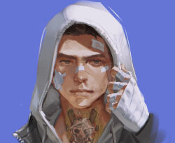 Rule 34 | 1boy, adjusting hood, bandaged hand, bandages, bandaid, bandaid on cheek, bandaid on face, bandaid on forehead, bandaid on nose, black jacket, blood, blue background, blue eyes, brown hair, bruise, bruised eye, c2h4 (1849155751), cropped shoulders, dead by daylight, expressionless, facing viewer, fingernails, frank morrison, gauze, gauze on cheek, highres, hood, hood up, hoodie, injury, jacket, jacket over hoodie, leather, leather jacket, looking at viewer, male focus, neck tattoo, no mask, nosebleed, painterly, portrait, realistic, scar, scar on face, scar on mouth, scar on nose, short hair, simple background, skull tattoo, solo, tattoo, the legion (dead by daylight), white hoodie