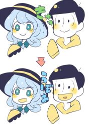 Rule 34 | 1boy, 1girl, :&gt;, ahoge, aqua eyes, arrow (symbol), black eyes, black hair, black hat, blue hair, blunt bangs, blush stickers, bow, bright pupils, buttons, closed mouth, collared shirt, commentary request, cross-eyed, crossover, diamond button, flat color, frilled sleeves, frills, hanada hyou, happy, hat, hat bow, heart, heart in mouth, hood, hood down, hoodie, komeiji koishi, long hair, long sleeves, looking ahead, matsuno jyushimatsu, open mouth, osomatsu-san, osomatsu (series), sequential, shirt, short hair, simple background, sleeves past fingers, sleeves past wrists, smile, sound effects, sun hat, swept bangs, tareme, touhou, trait connection, white background, white pupils, wide sleeves, yellow bow, yellow hoodie, yellow shirt