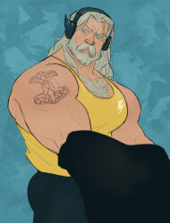 Rule 34 | abstract background, bara, beard, blonde hair, blue background, blue eyes, chest tuft, facial hair, fonzu (callmefonzu), full beard, headphones, highres, light frown, lightning bolt print, male focus, marvel, marvel rivals, mjolnir (symbol), muscular, muscular male, solo, tank top, thor (marvel), yellow tank top