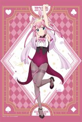 1girl absurdres animal_ear_hairband animal_ears aqua_eyes armpits black_pantyhose blush breasts chiyoda_momo collared_leotard fake_animal_ears food-themed_hair_ornament hair_ornament hairband high_heels highres leotard machikado_mazoku multicolored_leotard official_art pantyhose peach_hair_ornament pink_hair rabbit_ear_hairband rabbit_ears ribbon small_breasts