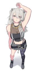 1girl absurdres ahoge animal_ear_piercing animal_ears anstatic arm_at_side arms_up bare_shoulders black_boots black_nails black_pantyhose black_shirt blush boots breasts cleavage crop_top double-parted_bangs embarrassed fingernails foreshortening from_above full_body grey_eyes grey_hair grey_skirt hair_between_eyes hashtag-only_commentary highres hololive jewelry large_breasts lion_ears lion_girl lion_tail long_hair long_hair_between_eyes long_sidelocks looking_at_viewer messy_hair midriff miniskirt nail_polish navel necklace no_jacket o-ring o-ring_thigh_strap panty_straps pantyhose parted_lips see-through_cleavage see-through_clothes shadow sharp_fingernails shirt shishiro_botan shishiro_botan_(1st_costume) side_slit sidelocks simple_background single_leg_pantyhose skin_tight skirt sleeveless sleeveless_shirt solo tail thigh_strap torn_clothes torn_pantyhose virtual_youtuber white_background zipper_skirt