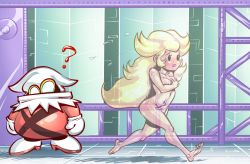 Rule 34 | 1boy, 1girl, ?, artist request, barefoot, black eyes, blonde hair, blush, breasts, clothed male nude female, collarbone, completely nude, covering breasts, covering crotch, covering privates, embarrassed, eyelashes, fat, fat man, female focus, full body, gloves, goggles, indoors, invisible, laboratory, long hair, looking at another, mario (series), navel, nintendo, nude, paper mario, paper mario: the thousand-year door, princess peach, running, shiny skin, sidelocks, small breasts, soles, solid eyes, solid oval eyes, streaking, sweat, sweatdrop, very long hair, white footwear, white gloves, white headwear, x-naut