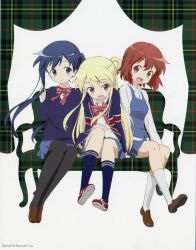3girls :d absurdres artist_name black_pantyhose blonde_hair blue_eyes blue_hair blue_skirt blue_socks blue_sweater blue_vest bow bowtie brown_hair brown_shoes buttons closed_mouth collared_shirt double-breasted fang hair_bun hair_ornament hairclip highres inokuma_youko kin-iro_mosaic komichi_aya kujou_karen loafers lone_nape_hair long_hair long_sleeves miniskirt moegi_high_school_uniform multiple_girls non-web_source official_art open_mouth pantyhose pink_bow pink_bowtie red_shoes scan school_uniform shirt shoes short_hair single_hair_bun sitting skirt smile socks striped_bow striped_bowtie striped_clothes sweater twintails ueda_kazuyuki vest white_shirt white_socks winter_uniform x_hair_ornament