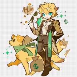 1boy ahoge ambience_synesthesia animal animal_ears arknights belt blonde_hair blue_eyes brown_jacket brown_pants brown_shoes card collared_shirt dog_boy dog_ears dog_nose dog_tags dog_tail green_scarf green_socks hair_between_eyes halftone hand_in_pocket hand_up highres holding holding_removed_eyewear jacket jewelry krion87298356 male_focus messy_hair money money_bag necklace official_alternate_costume pants playing_card scarf shirt shoes smile socks sparkle speech_bubble sunglasses suspenders tail tequila_(arknights) tequila_(cardwinner)_(arknights) thick_eyebrows thigh_strap unworn_eyewear white_background