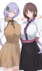 258n 2girls absurdres black_ribbon black_skirt breasts brown_dress brown_hair closed_mouth collared_shirt cowboy_shot dress eighth_note flower hair_flower hair_ornament hairband highres large_breasts long_hair long_sleeves looking_at_viewer multiple_girls musical_note musical_staff neck_ribbon purple_eyes purple_hair purple_hairband ribbon shirt short_hair siblings sisters skirt smile touhou tsukumo_benben tsukumo_yatsuhashi very_long_hair white_background white_shirt