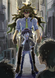 Rule 34 | 4boys, alley, angry, aura, clenched hands, closed mouth, danganronpa (series), danganronpa v3: killing harmony, glasses, glowing, glowing eyes, gokuhara gonta, grey jacket, hair between eyes, highres, industrial pipe, jacket, kumakoro (tetsupag), male focus, messy hair, multiple boys, necktie, nervous sweating, oma kokichi, red eyes, shirt, sweat, white shirt, yellow necktie