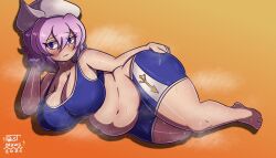 1girl absurdres adapted_costume arm_behind_head barefoot blue_shorts blue_tank_top blush breasts cleavage closed_mouth commentary commission dated elfabienst fat full_body gradient_background hat highres lapel_pin large_breasts letty_whiterock looking_at_viewer navel orange_background plump purple_hair short_hair shorts signature solo stomach sweat tank_top touhou white_hat