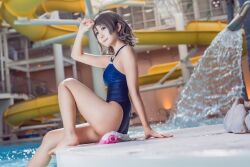 1girl blue_eyes blurry blurry_background cosplay cosplay_photo grey_hair indoors japanese_(nationality) looking_to_the_side love_live! love_live!_sunshine!! mi_yan_0728 on_floor one-piece_swimsuit photo_(medium) pool poolside short_hair solo swimsuit watanabe_you water