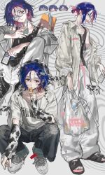 1boy absurdres animal_print bag baggy_pants black_shirt blue_hair chibi chibi_inset coke-bottle_glasses colored_inner_hair conch_(gundam) cow cow_print cutting_hair denim diurtion eating fingerless_gloves food food_in_mouth glasses gloves gundam gundam_gquuuuuux hair_ornament hairclip highres holding holding_bag holding_id_card holding_scissors jeans long_sleeves looking_at_viewer lower_eyelashes_only male_focus mouth_hold multicolored_hair multiple_views non-humanoid_robot pants plastic_bag ponytail popsicle popsicle_in_mouth purple_hair red_eyes robot sandals scissors shirt shoes short_hair short_sleeves shuji_ito sitting sleeveless sneakers solo_focus streetwear tank_top torn_clothes torn_jeans torn_pants two-tone_hair white_shirt