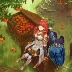 Rule 34 | 1boy, 1girl, alm (fire emblem), armor, armored boots, back-to-back, black gloves, black skirt, black thighhighs, blue armor, blue pants, boots, box, breastplate, celica (fire emblem), choker, couple, crate, dress, earrings, fadingz, fingerless gloves, fire emblem, fire emblem echoes: shadows of valentia, food, from behind, fruit, gloves, grass, green hair, hetero, holding, holding food, holding fruit, jewelry, leaf, long hair, nintendo, orange (fruit), orange eyes, orange hair, pants, prince, princess, red eyes, red hair, shield, short hair, sitting, skirt, thighhighs, tiara, tree, white armor, white dress