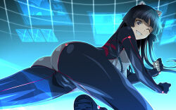 1girl :d animal_ears aoi_nagisa_(metalder) ass black_eyes black_hair blue_background blue_bodysuit blunt_bangs bodysuit breasts cat_ears commentary_request covered_erect_nipples fake_animal_ears from_behind grid grin guilty_crown hairband hime_cut long_hair looking_at_viewer looking_back lying on_stomach one_eye_closed open_mouth shiny_clothes skin_tight small_breasts smile solo tsugumi_(guilty_crown) very_long_hair