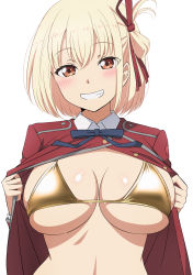 1girl bad_anatomy bad_hands bikini blonde_hair blue_ribbon blush bob_cut breasts clothes_pull gold_bikini grin hair_ribbon highres large_breasts looking_at_viewer lycoris_recoil lycoris_uniform mibushiro neck_ribbon nishikigi_chisato one_side_up open_clothes pulling_own_clothes red_eyes red_ribbon ribbon short_hair simple_background skindentation small_hands smile solo swimsuit teeth upper_body white_background