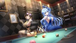 2girls 8-ball amadea_wolfa arm_behind_back ball bar_(place) billiard_ball billiards black_hair blonde_hair blonde_streaks blue_dress blue_gloves blue_hair closed_mouth coat cue_stick dolphin_wave dress elbow_gloves eyewear_on_head fishnet_gloves fishnet_thighhighs fishnets fur_coat game_cg gloves highres holding_cue_stick jewelry long_hair multicolored_hair multiple_girls nayuki_hiori non-web_source official_alternate_costume official_art on_table ootomo_takuji open_mouth pool_table red_eyes side_slit sitting sitting_on_table smile streaked_hair table thighhighs yellow_dress yellow_eyes