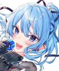 1girl :d barbell_piercing bilingual_commentary black_gloves blue_hair buckle chest_harness close-up commentary double-parted_bangs ear_piercing earrings english_commentary floral_print gloves hair_ornament hair_ribbon harness high_ponytail holding holding_microphone hololive hoshimachi_suisei hoshimachi_suisei_(shout_in_crisis) jewelry kamiya_maneki microphone mixed-language_commentary multiple_piercings music official_alternate_costume open_mouth piercing ponytail portrait ribbon see-through_clothes see-through_sleeves singing single_glove smile solo star_(symbol) star_in_eye sweater symbol_in_eye turtleneck turtleneck_sweater virtual_youtuber