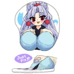 1girl 1other animal_ears breast_mousepad breasts commentary_request computer_mouse english_text engrish_text fox_ears grey_hair hair_bobbles hair_ornament highres large_breasts long_hair objectification ponytail ranguage red_eyes seki_(red_shine) touhoku_itako voiceroid