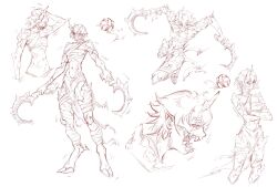 absurdres ancient_egyptian before_the_dawn_(series) breasts concept_art covered_mouth cracked_skin floating floating_object highres holding holding_weapon hollow_(character) hooves horns official_art open_mouth original pointy_ears sharp_teeth short_hair sickle single_horn skinny small_breasts teeth theo_kris_(artist) weapon zakod_(race)