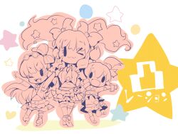 &gt;_o 3girls ;3 \m/ akagi_miria arms_up boots bow brown_theme buttons chibi closed_mouth collared_shirt eyelashes eyewear_on_head fishnet_pantyhose fishnets floating_hair footwear_bow frilled_skirt frills gloves hair_bobbles hair_bow hair_ornament hair_ribbon happy heart height_difference idol idolmaster idolmaster_cinderella_girls jougasaki_rika leg_warmers light_blush locked_arms long_hair midriff miniskirt moroboshi_kirari multiple_girls navel necktie one_eye_closed one_side_up pantyhose ribbon shirt shoes short_twintails simple_background single_leg_pantyhose single_stripe skirt smile solid_oval_eyes standing star_(symbol) star_hair_ornament striped_bow striped_clothes striped_vest sunglasses thighhighs twintails usoneko vertical-striped_clothes vertical-striped_vest vest wavy_hair white_background wrist_cuffs