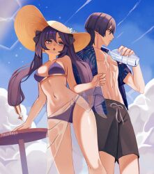 1boy 1girl abs absurdres alternate_costume arms_at_sides artist_name bikini bikini_skirt black_bow black_eyes black_hair black_shorts blue_sky blunt_bangs blunt_ends bow breasts brown_hat by_nearreya cloud cloudy_sky collarbone contemporary drawstring eyelashes eyeliner eyeshadow fingernails flower genshin_impact gluteal_fold grey_eyes hair_between_eyes hair_bow hand_rest hat hat_flower hawaiian_shirt highres large_breasts leaf_print long_hair looking_to_the_side makeup male_swimwear midriff mona_(genshin_impact) navel outdoors parted_bangs parted_lips pectorals pink_nails ponytail_holder purple_bikini purple_hair purple_lips purple_shirt purple_sleeves red_eyeliner red_eyeshadow scaramouche_(genshin_impact) see-through_clothes see-through_skirt shirt short_sleeves shorts sideboob sidelocks skirt sky sun_hat swim_trunks swimsuit table toned toned_male twintails unbuttoned unbuttoned_shirt white_flower white_mouth