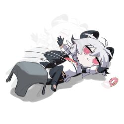 1girl afterimage armband black_armband black_gloves black_horns black_pants chest_harness chibi chibi_only commentary cryne curled_horns donut food gloves harness highres horns necktie pants red_eyes red_necktie shirt simple_background solo stool symbol-only_commentary white_background white_hair white_shirt wuthering_waves zani_(wuthering_waves)