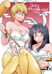 akizakura_iori animal_ears black_hair blonde_hair dango egg fake_animal_ears food green_eyes highres ikemen_joshi_to_josou_danshi leotard long_hair mochi plate playboy_bunny rabbit_ears rindou_hazuki short_hair tadd_(tatd) wagashi wrist_cuffs