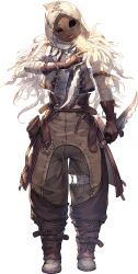 1girl absurdres baggy_pants bandaged_arm bandages buckle bug butterfly col_(sword_of_convallaria) dagger gloves hand_up highres holding holding_dagger holding_knife holding_weapon hood hood_up insect knife mask non-web_source official_art open_clothes open_vest pants solo stitches sword_of_convallaria vest weapon
