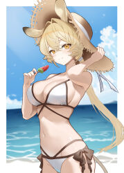 Rule 34 | 1girl, absurdres, alternate costume, animal ears, arknights, arm up, bare shoulders, beach, bikini, bird, blonde hair, blue sky, border, bow, bow bikini, breasts, brown bow, cleavage, cloud, collarbone, commentary, crossed bangs, day, dorothy (arknights), dr.lamina, food, hair between eyes, hair intakes, hand up, hat, head tilt, highres, large breasts, looking at viewer, mouse ears, mouse girl, navel, ocean, outdoors, ponytail, popsicle, sky, smile, solo, standing, stomach, straw hat, sun hat, sunlight, swimsuit, thighs, vest, watermelon bar, white bikini, white border, yellow eyes