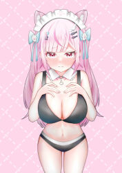 1girl :c absurdres animal_ears black_bra black_panties blue_bow blush bow bra breasts cat_choker cat_ears cat_girl choker cleavage closed_mouth collar collarbone commentary detached_collar extra_ears fingernails fish_hair_ornament ghost_hair_ornament grey_choker hair_bow hair_ornament hairclip hands_on_own_chest heart heart_hair_ornament highres huge_breasts indie_virtual_youtuber long_hair looking_at_viewer maid_headdress nail_polish navel o-ring o-ring_choker panties paw_print pink_background pink_eyes pink_hair pink_nails ponzu_(low_ponzu) solo stomach thighs underwear virtual_youtuber white_collar wing_hair_ornament yuuki_sakuna
