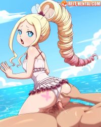1boy 1girl age_difference ass beach beatrice_(re:zero) blonde_hair blue_eyes bug butterfly butterfly-shaped_pupils clothed_sex clothing_aside drill_hair grabbing_another&#039;s_ass groping hetero highres insect loli long_hair looking_at_viewer looking_back official_alternate_costume older_man_and_younger_girl one-piece_swimsuit penis pussy_juice re:zero_kara_hajimeru_isekai_seikatsu re:zero_kara_hajimeru_isekai_seikatsu:_lost_in_memories reit reverse_cowgirl_position sex sex_from_behind sidelocks spirit straddling swimsuit swimsuit_aside symbol-shaped_pupils tattoo thighs tongue tongue_out uncensored vaginal veins veiny_penis water white_one-piece_swimsuit