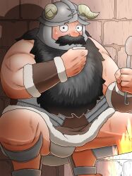 1boy bara beard brown_hair bulge cooking dungeon_meshi dwarf facial_hair fake_horns fat fat_man feet_out_of_frame fire fire_light helmet highres horned_helmet horns loincloth long_beard looking_at_viewer male_focus muscular muscular_male mustache senshi_(dungeon_meshi) solo squatting tanukinoakafun tasting thick_mustache very_long_beard
